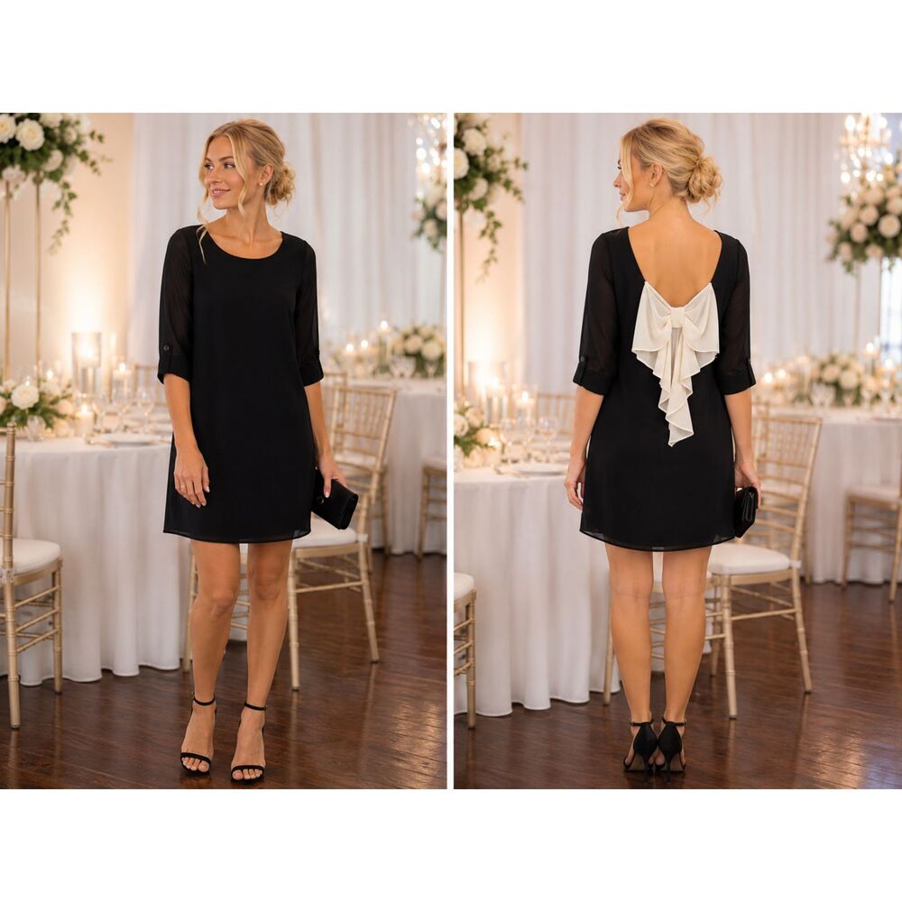 Three Pink Hearts XS Black Lined Chiffon Mini Dress Ivory Bow Scoop Back  #19